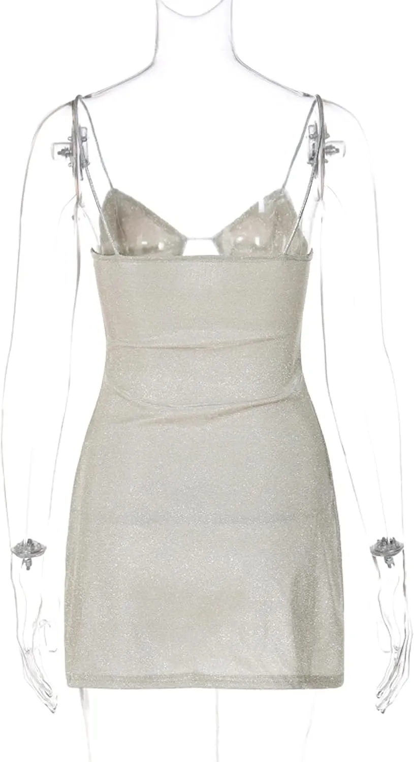 A Line Dresses for Women Party Mini Dress Sexy Glitter Hollow Out Neck Sparkle Spaghetti Strap Short Dress