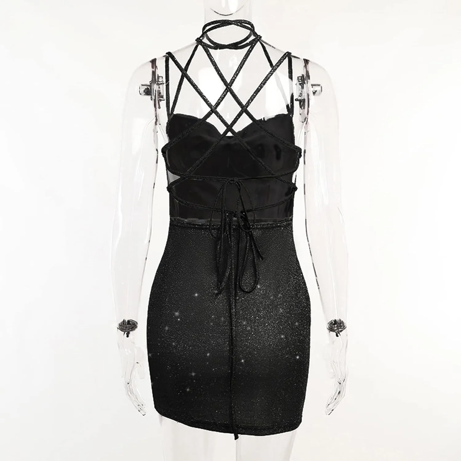 A Line Dresses for Women Party Mini Dress Sexy Glitter Hollow Out Neck Sparkle Spaghetti Strap Short Dress