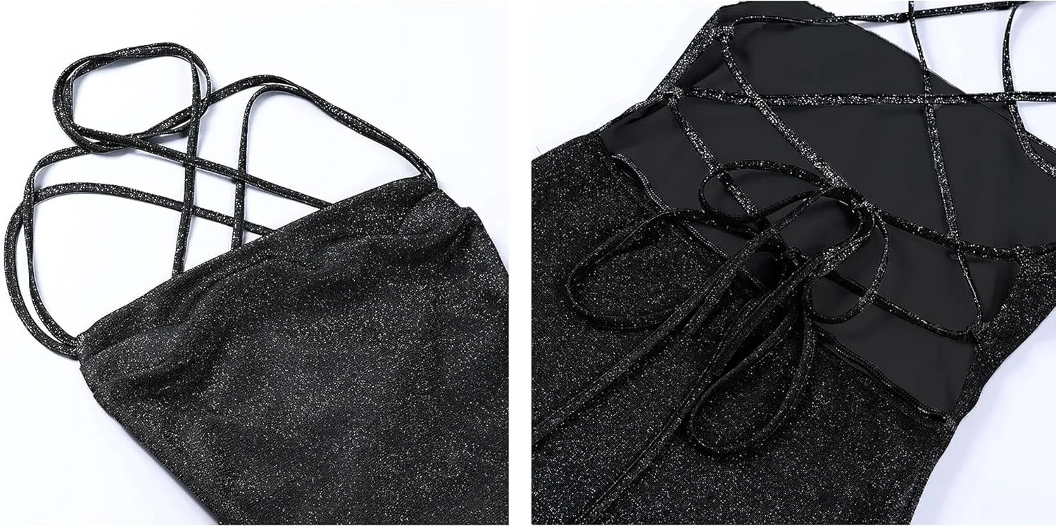 A Line Dresses for Women Party Mini Dress Sexy Glitter Hollow Out Neck Sparkle Spaghetti Strap Short Dress
