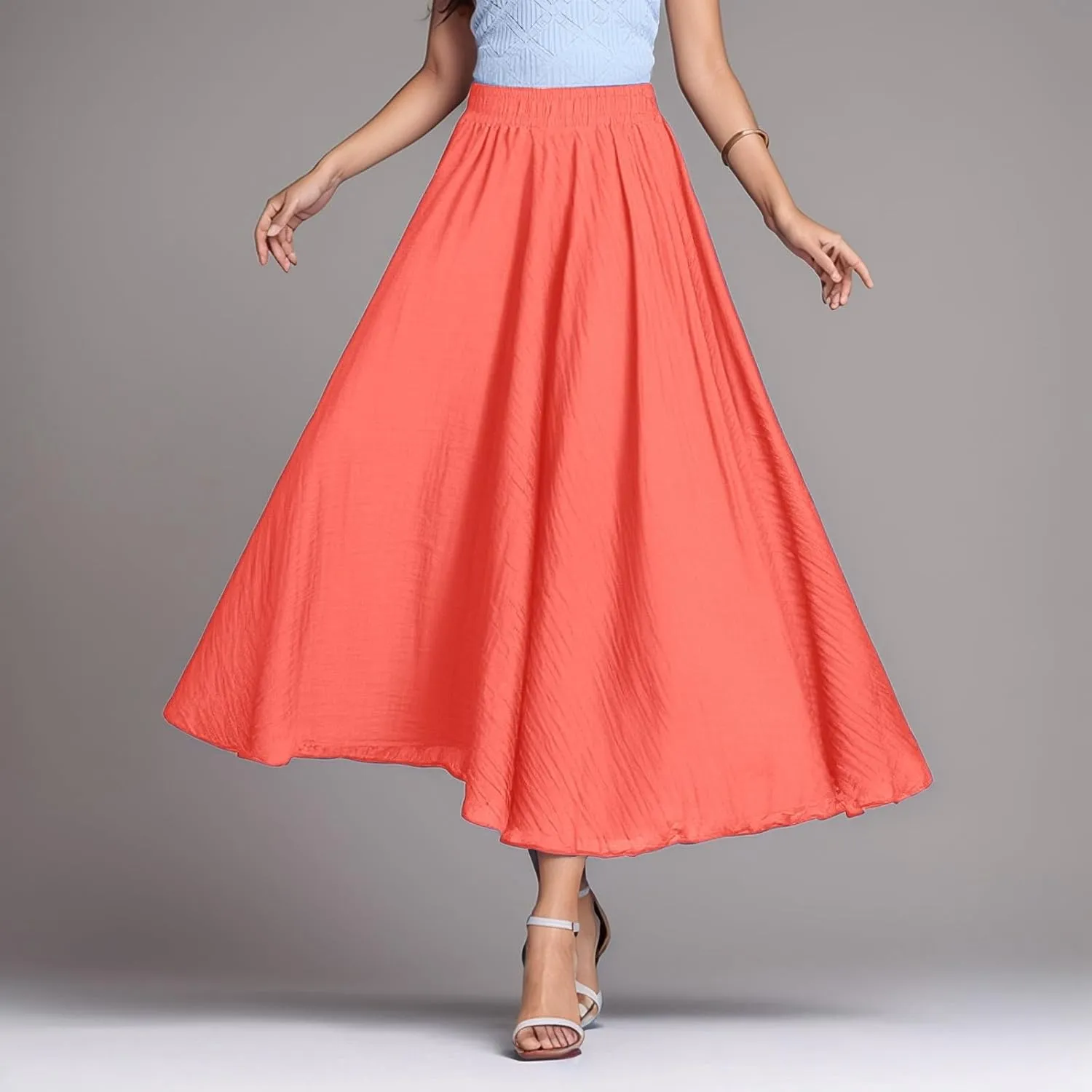 A Line Skirt for Women Trendy Flared High Elastic Waist Solid Loose Pleated Long Skirts for Summer Vacation Streetwear