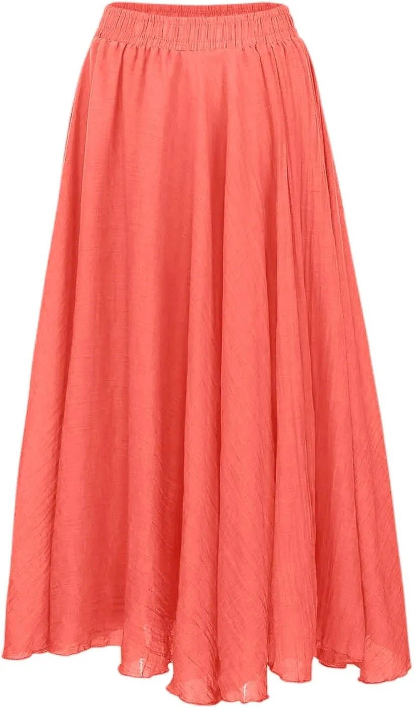 A Line Skirt for Women Trendy Flared High Elastic Waist Solid Loose Pleated Long Skirts for Summer Vacation Streetwear