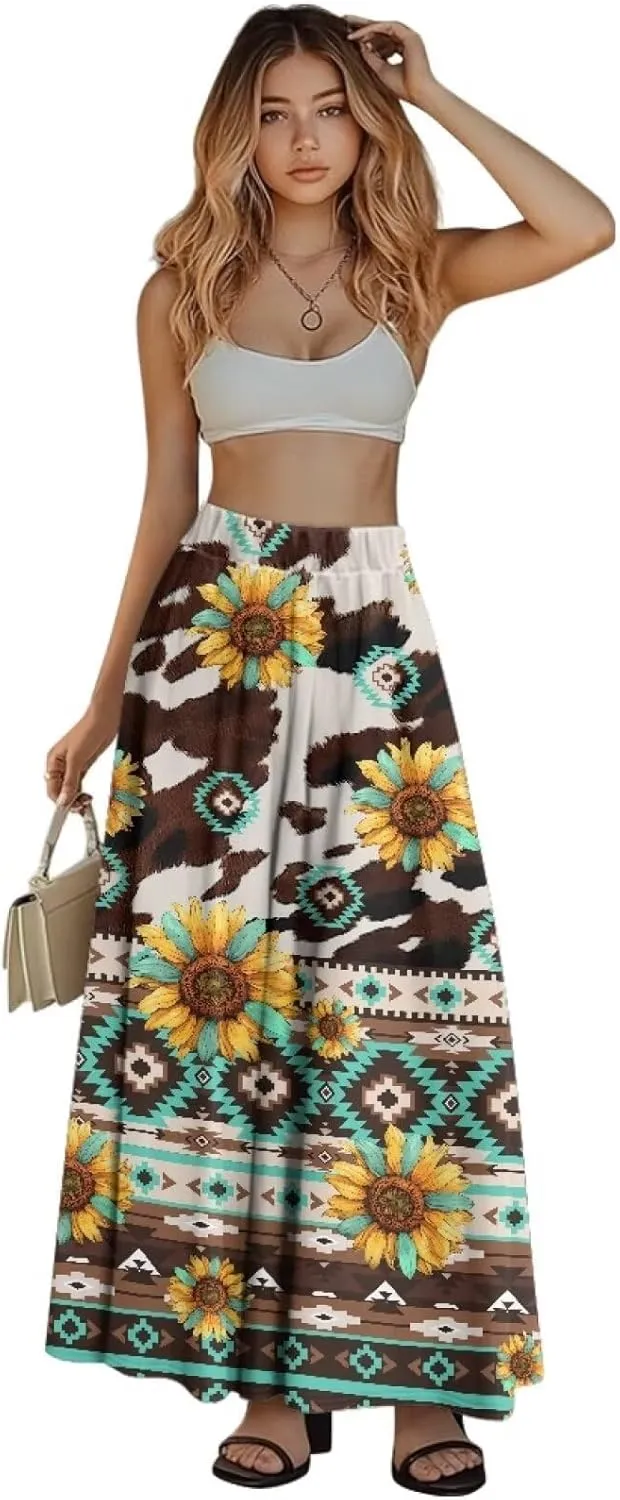 AFPANQZ Maxi Skirts Soft High Waist Swing A-Line Dresses Pleated Skirt Trendy Skirt with Pockets Holiday Outfit