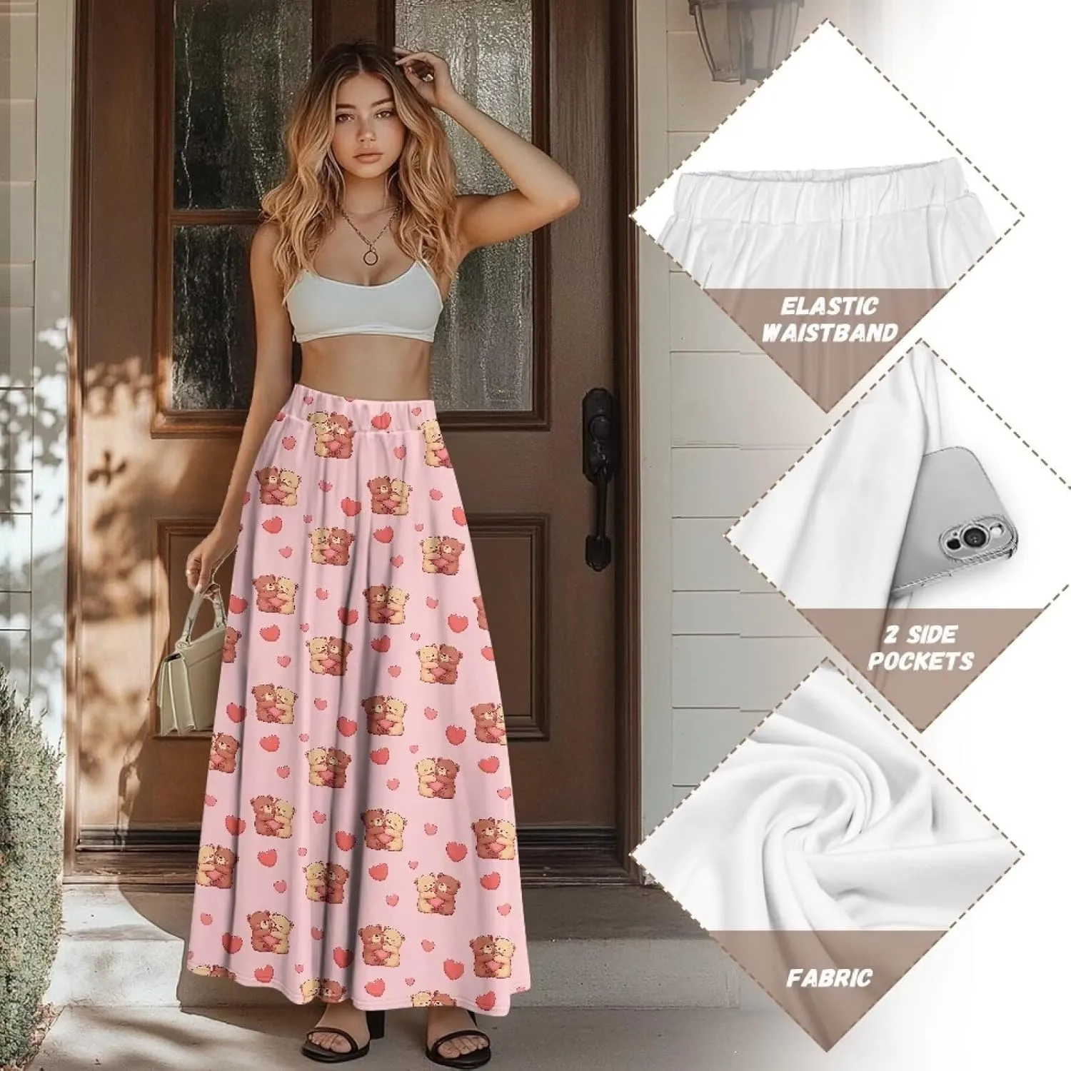AFPANQZ Maxi Skirts Soft High Waist Swing A-Line Dresses Pleated Skirt Trendy Skirt with Pockets Holiday Outfit
