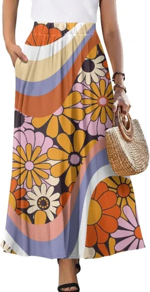AFPANQZ Maxi Skirts Soft High Waist Swing A-Line Dresses Pleated Skirt Trendy Skirt with Pockets Holiday Outfit