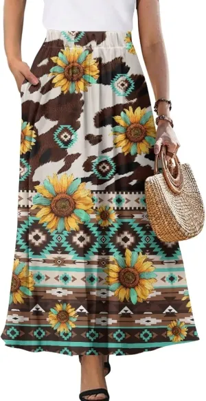 AFPANQZ Maxi Skirts Soft High Waist Swing A-Line Dresses Pleated Skirt Trendy Skirt with Pockets Holiday Outfit