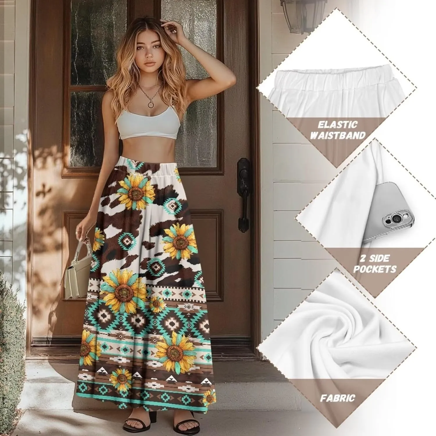 AFPANQZ Maxi Skirts Soft High Waist Swing A-Line Dresses Pleated Skirt Trendy Skirt with Pockets Holiday Outfit