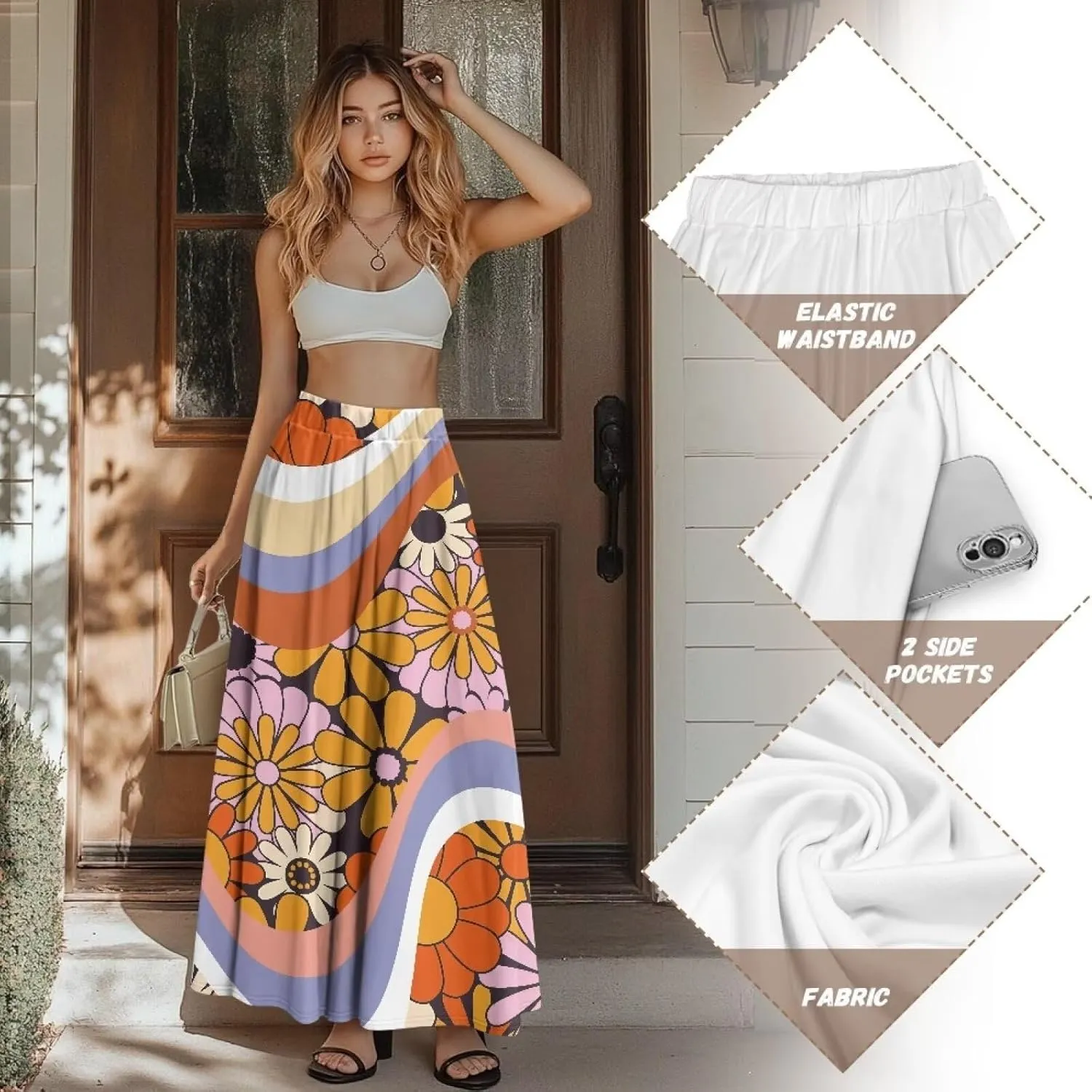 AFPANQZ Maxi Skirts Soft High Waist Swing A-Line Dresses Pleated Skirt Trendy Skirt with Pockets Holiday Outfit