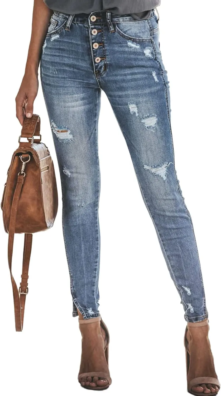 Allimy Women's High Rise Skinny Stretch Button Ripped Jeans High Waisted Destroyed Denim Pants
