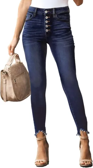 Allimy Women's High Rise Skinny Stretch Button Ripped Jeans High Waisted Destroyed Denim Pants