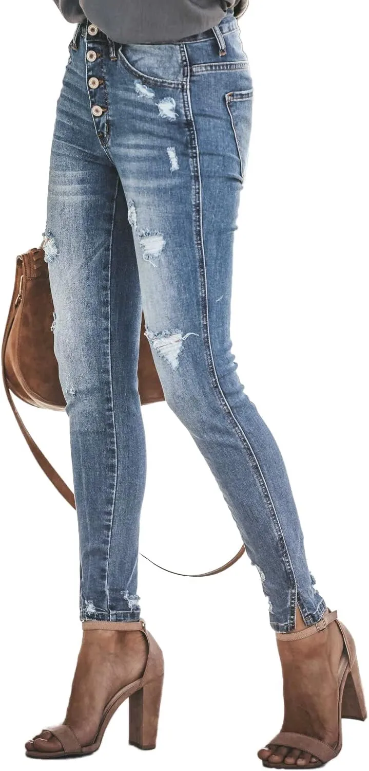 Allimy Women's High Rise Skinny Stretch Button Ripped Jeans High Waisted Destroyed Denim Pants