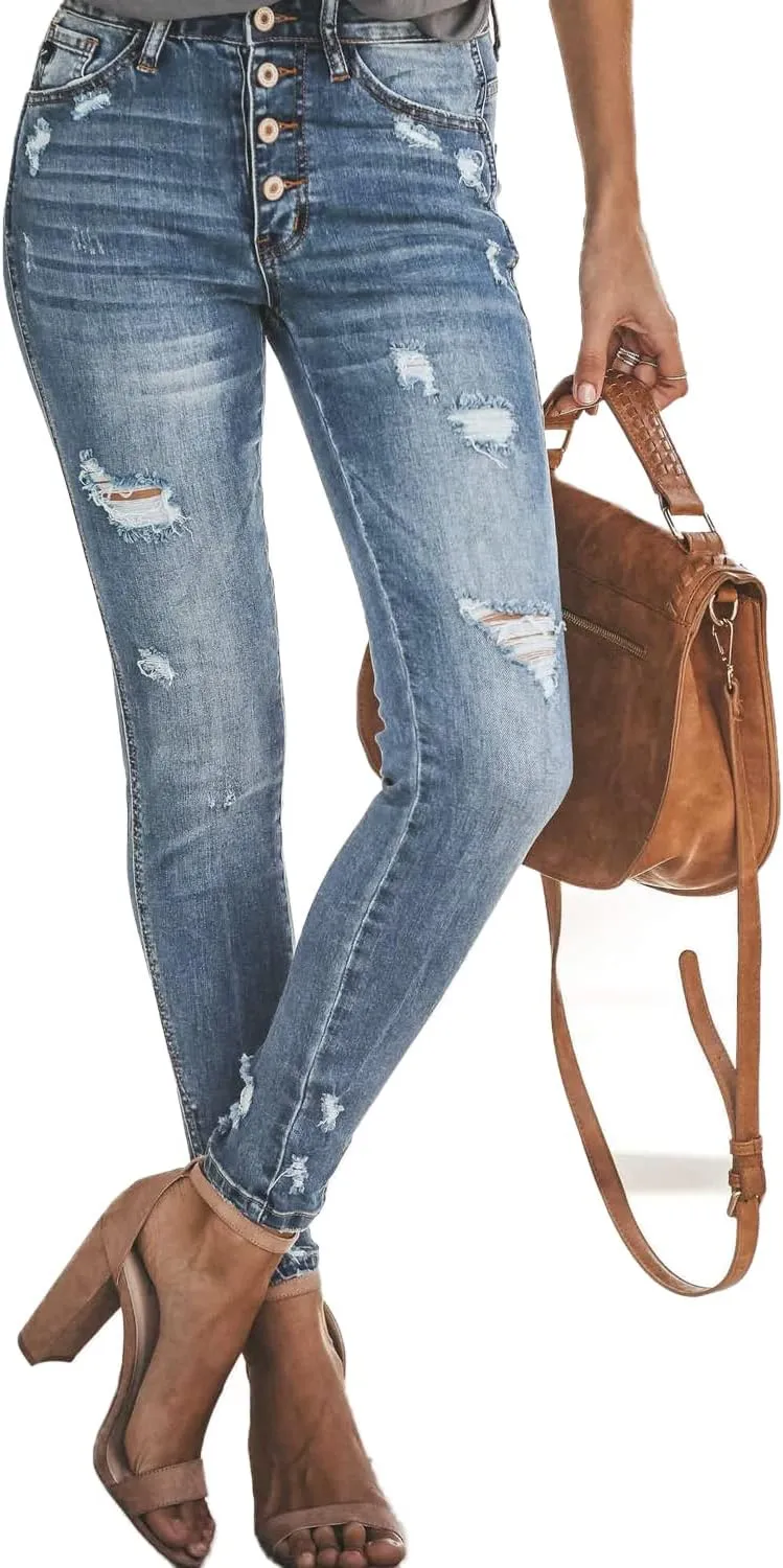 Allimy Women's High Rise Skinny Stretch Button Ripped Jeans High Waisted Destroyed Denim Pants
