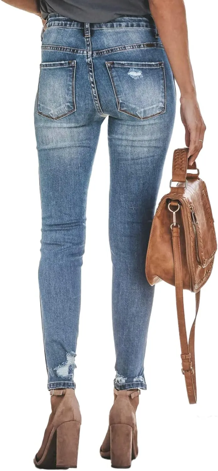 Allimy Women's High Rise Skinny Stretch Button Ripped Jeans High Waisted Destroyed Denim Pants