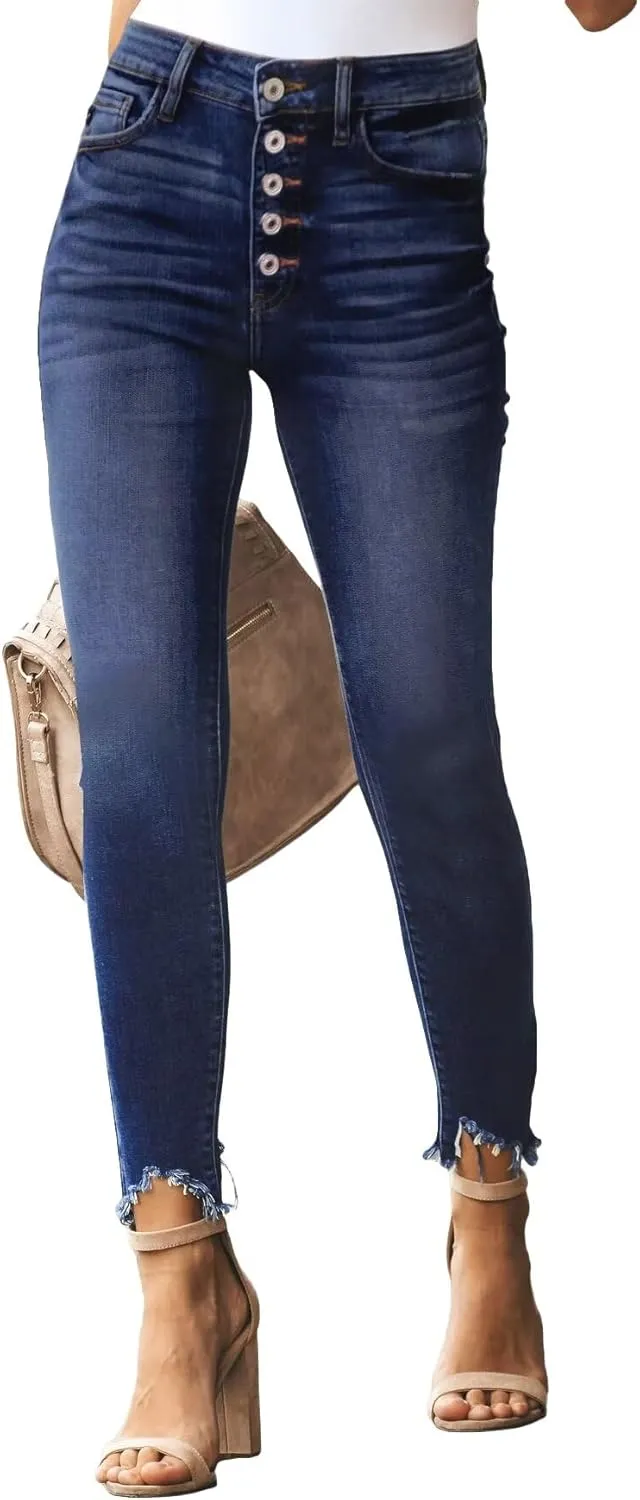 Allimy Women's High Rise Skinny Stretch Button Ripped Jeans High Waisted Destroyed Denim Pants