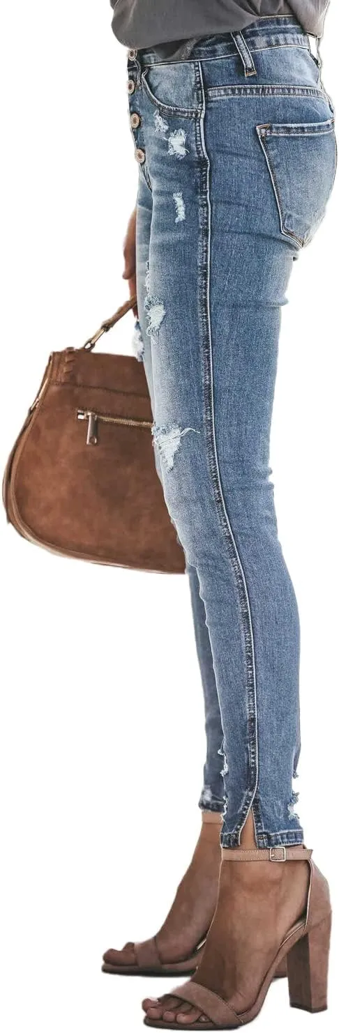Allimy Women's High Rise Skinny Stretch Button Ripped Jeans High Waisted Destroyed Denim Pants
