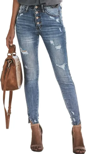 Allimy Women's High Rise Skinny Stretch Button Ripped Jeans High Waisted Destroyed Denim Pants