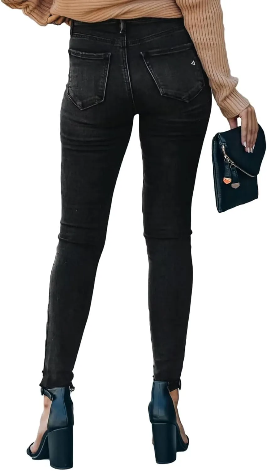 Allimy Women's High Rise Skinny Stretch Ripped Jeans High Waisted Destroyed Denim Pants