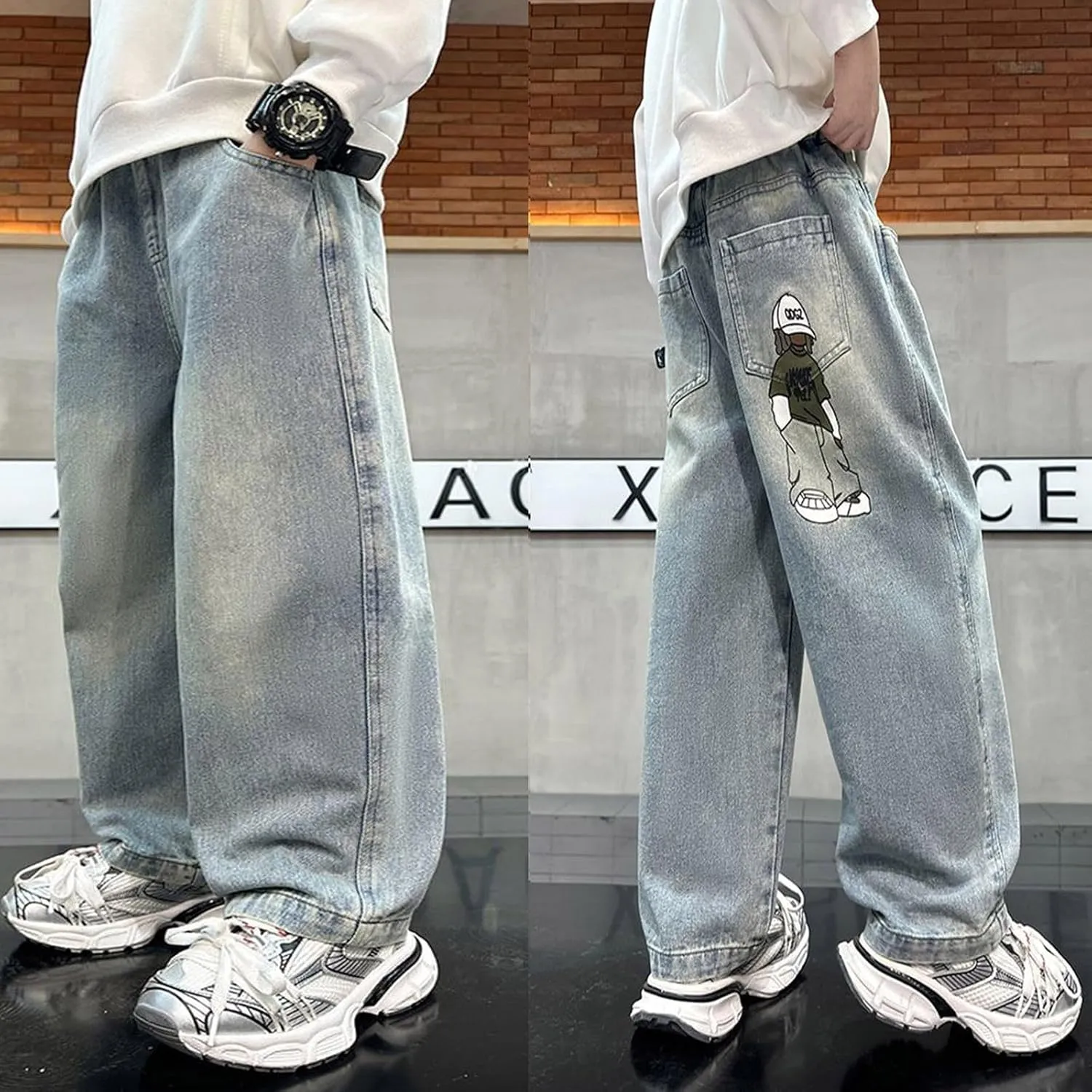 Baggy Jeans Boys Y2K Straight Wide Leg Denim Pants Kids Casual Elastic Waist Loose Trousers Pockets Streetwear 4-14T