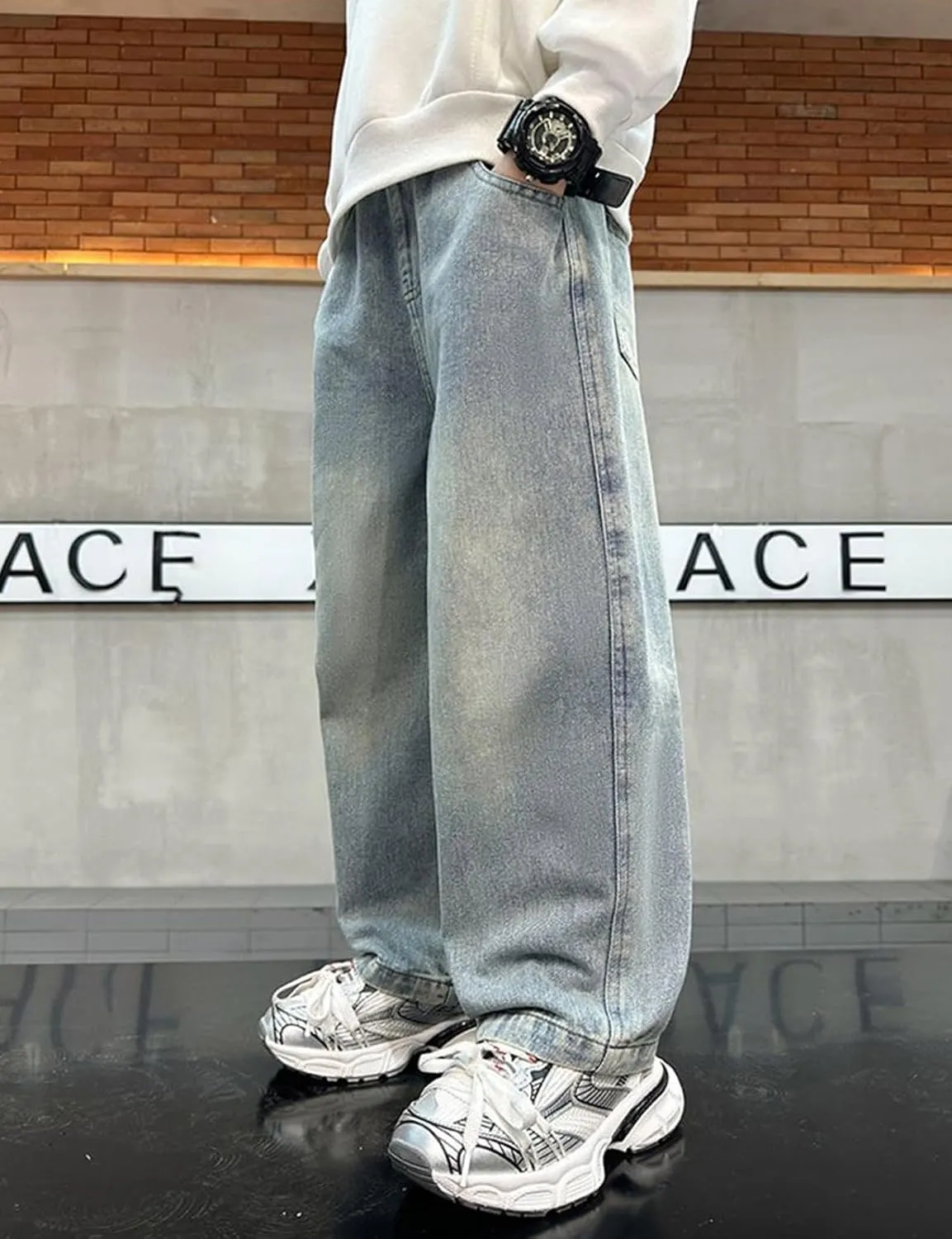 Baggy Jeans Boys Y2K Straight Wide Leg Denim Pants Kids Casual Elastic Waist Loose Trousers Pockets Streetwear 4-14T