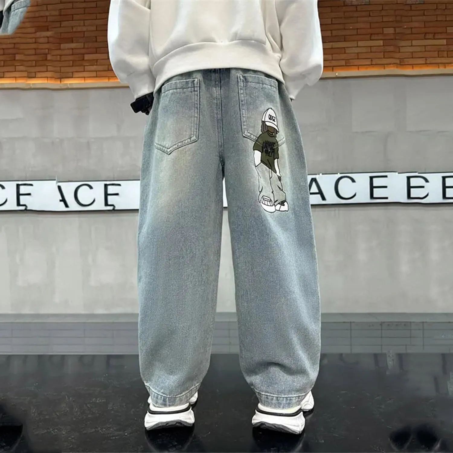 Baggy Jeans Boys Y2K Straight Wide Leg Denim Pants Kids Casual Elastic Waist Loose Trousers Pockets Streetwear 4-14T