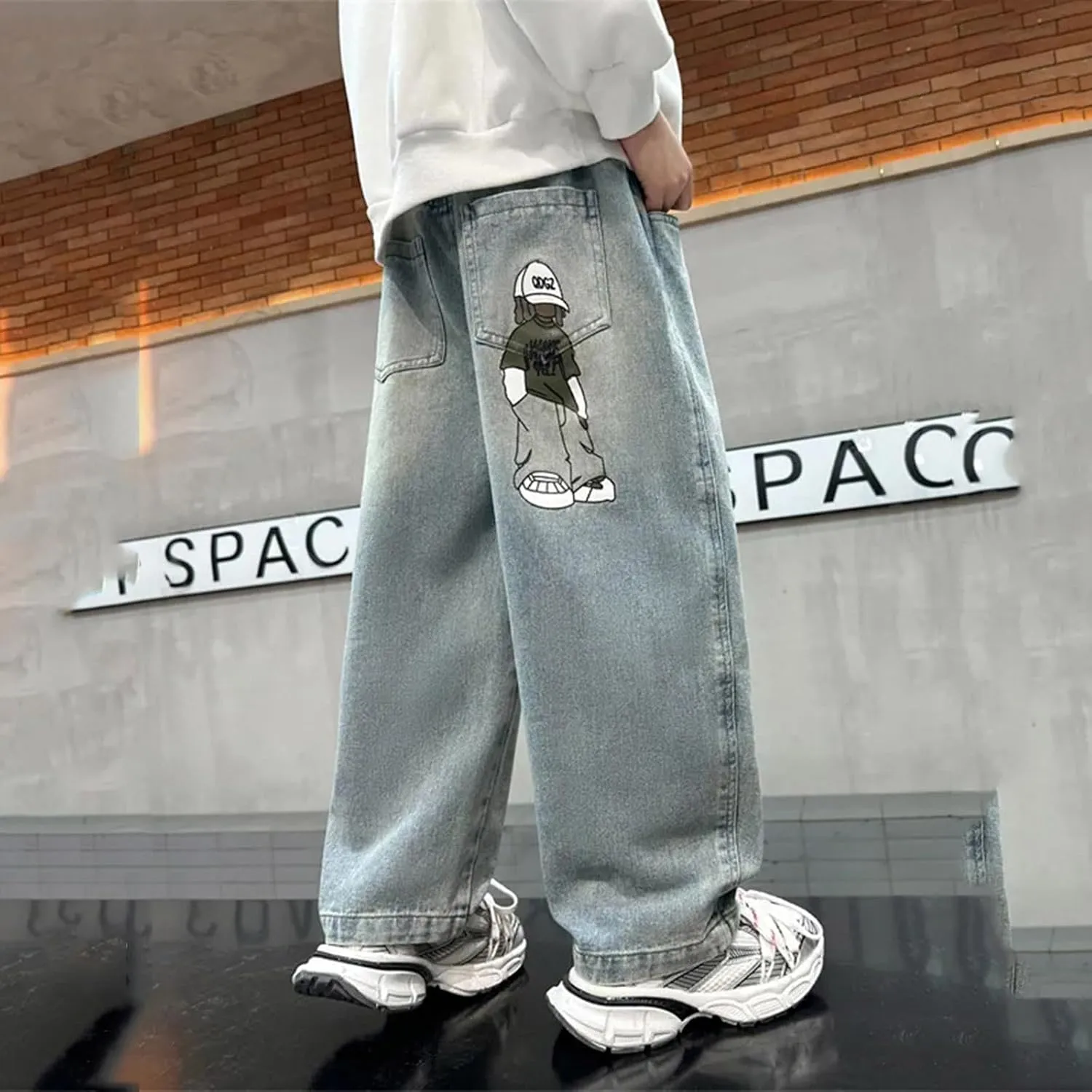 Baggy Jeans Boys Y2K Straight Wide Leg Denim Pants Kids Casual Elastic Waist Loose Trousers Pockets Streetwear 4-14T