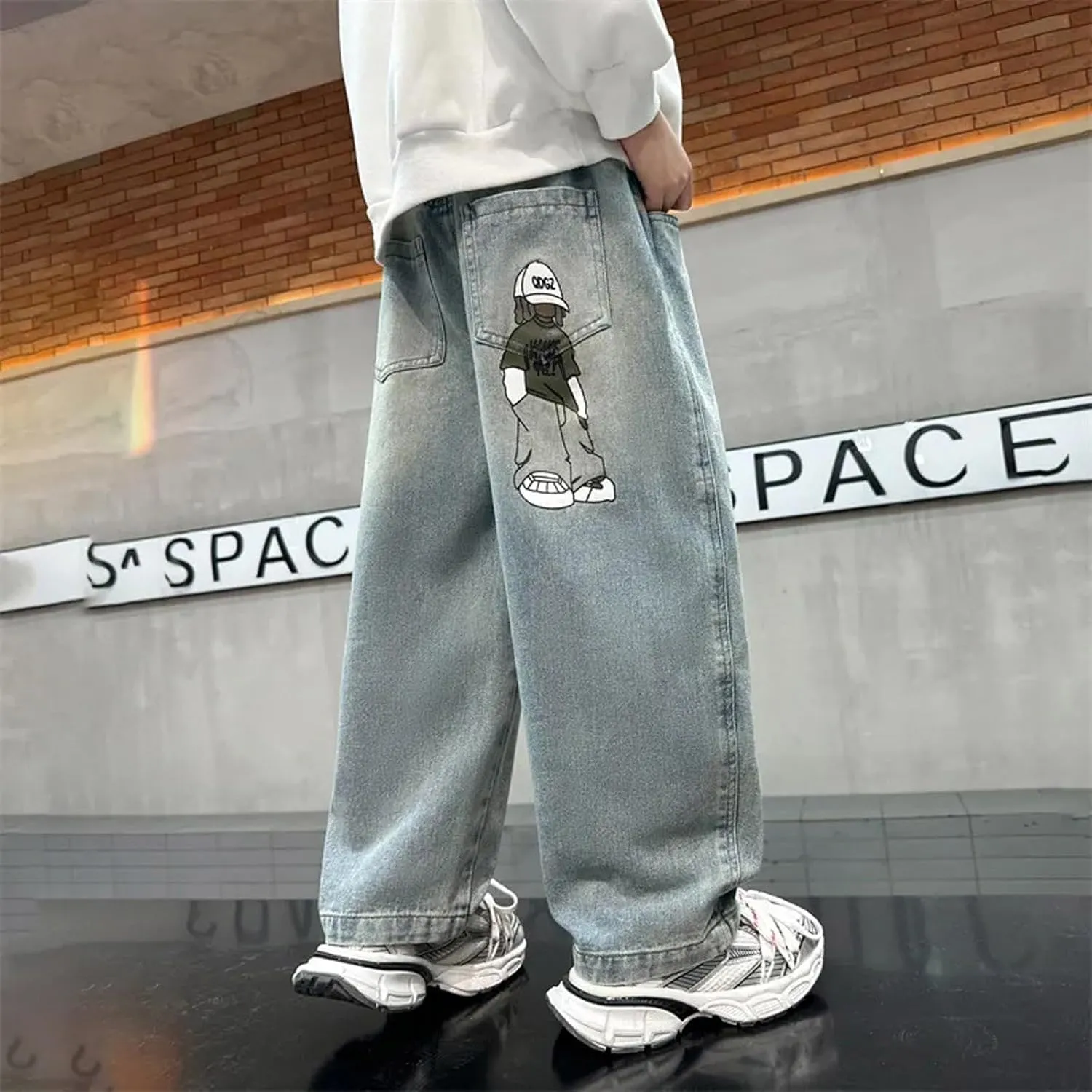 Baggy Jeans Boys Y2K Straight Wide Leg Denim Pants Kids Casual Elastic Waist Loose Trousers Pockets Streetwear 4-14T