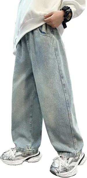 Baggy Jeans Boys Y2K Straight Wide Leg Denim Pants Kids Casual Elastic Waist Loose Trousers Pockets Streetwear 4-14T