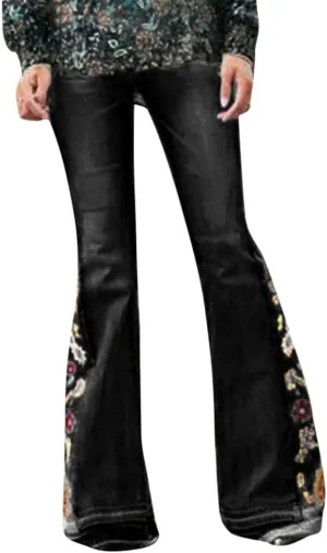 Bell Bottom Jeans High Waisted Stretch Flare Button Fly Wide Leg Jean Embroidery Bootcut Y2K Denim Pants, 4X-Large, 01-black