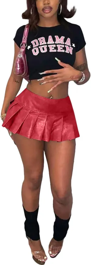 Bluewolfsea Women Sexy Pu Leather Pleated Short Skirt High Wiast Y2K Stretchy Cute Mini Skirt Clubwear