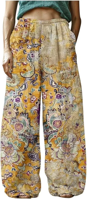 Boho Pants for Women 2025 Summer Wide Leg Linen Pants High Waist Floral Casual Loose Palazzo Trousers with Pockets