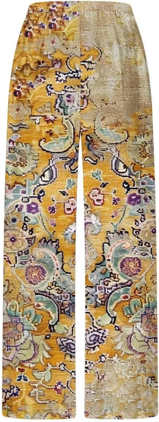 Boho Pants for Women 2025 Summer Wide Leg Linen Pants High Waist Floral Casual Loose Palazzo Trousers with Pockets