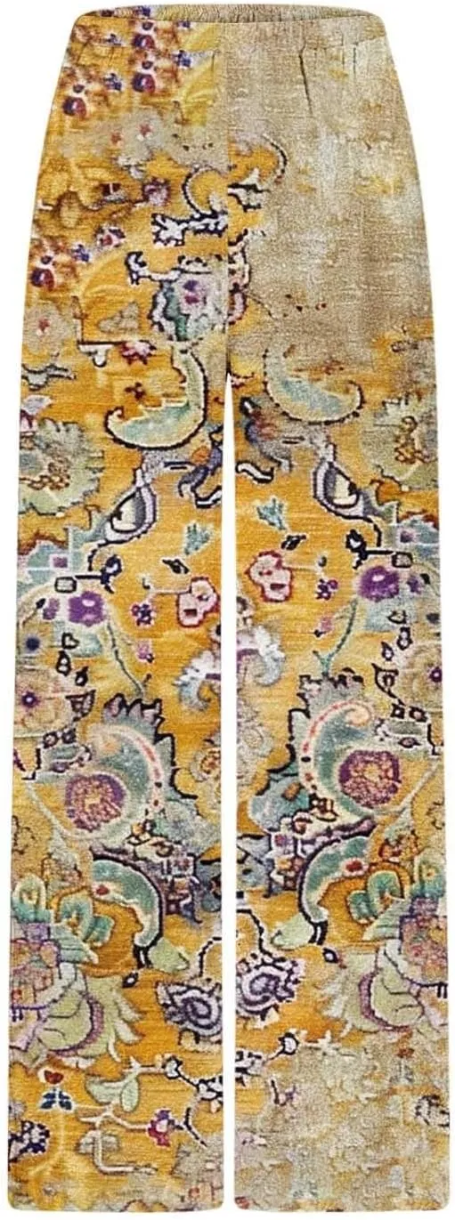 Boho Pants for Women 2025 Summer Wide Leg Linen Pants High Waist Floral Casual Loose Palazzo Trousers with Pockets