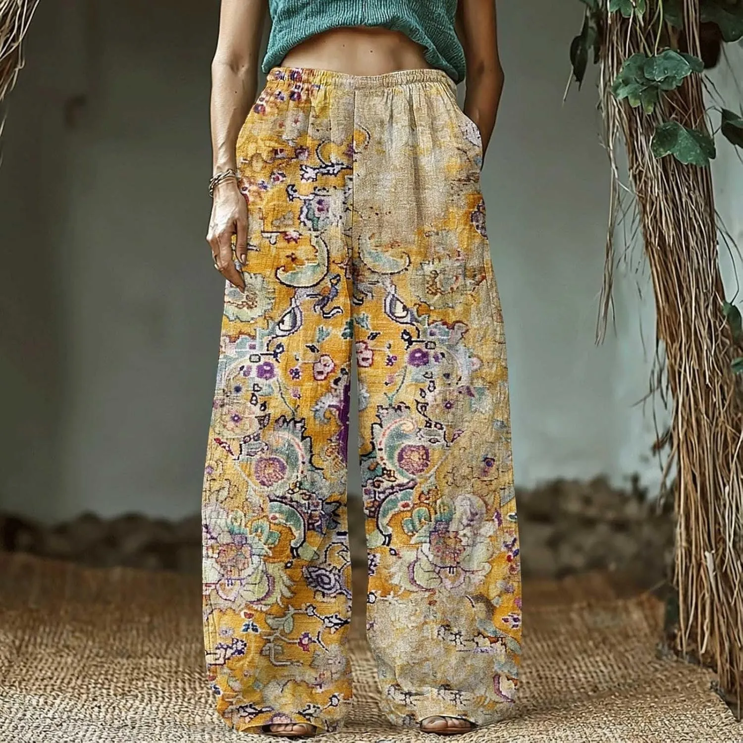 Boho Pants for Women 2025 Summer Wide Leg Linen Pants High Waist Floral Casual Loose Palazzo Trousers with Pockets