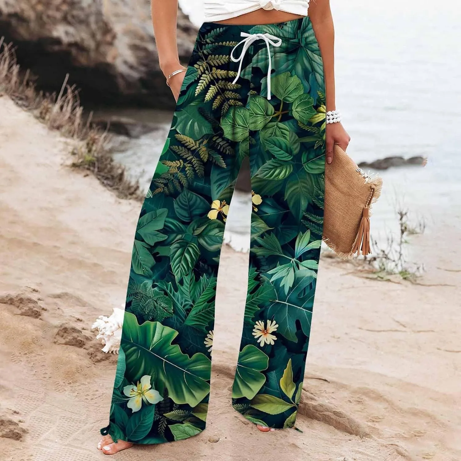 Boho Pants for Women Linen Palazzo Pants 2025 Summer High Waisted Boho Wide Leg Lounge Pant Trousers with Pocket