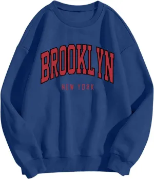 BROOKLYN Sweatshirts for Women Letter Print Fleece Crewneck Loose Fit Pullover Tops Fall Trendy Long Sleeve Tunic Blouse Fashion Fleece Y2K Trendy Oversized Tie-Dye Loose Drawstring Terry Solid Comfy