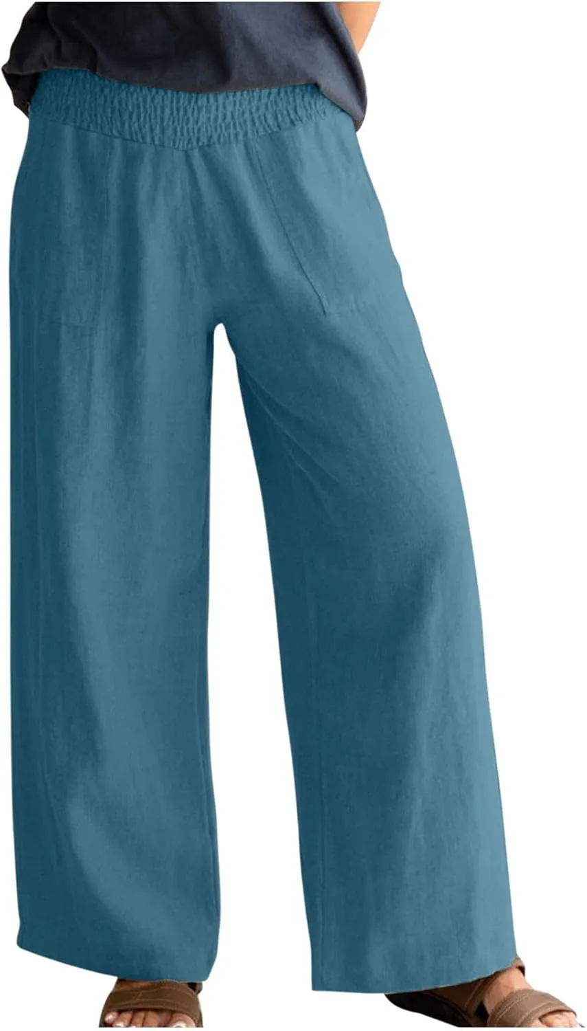 BTDECLAR Women‘s Linen Pants Elastic High Waist Trousers Lightweight Comfy Casual Loose Straight Leg Pants with Pockets