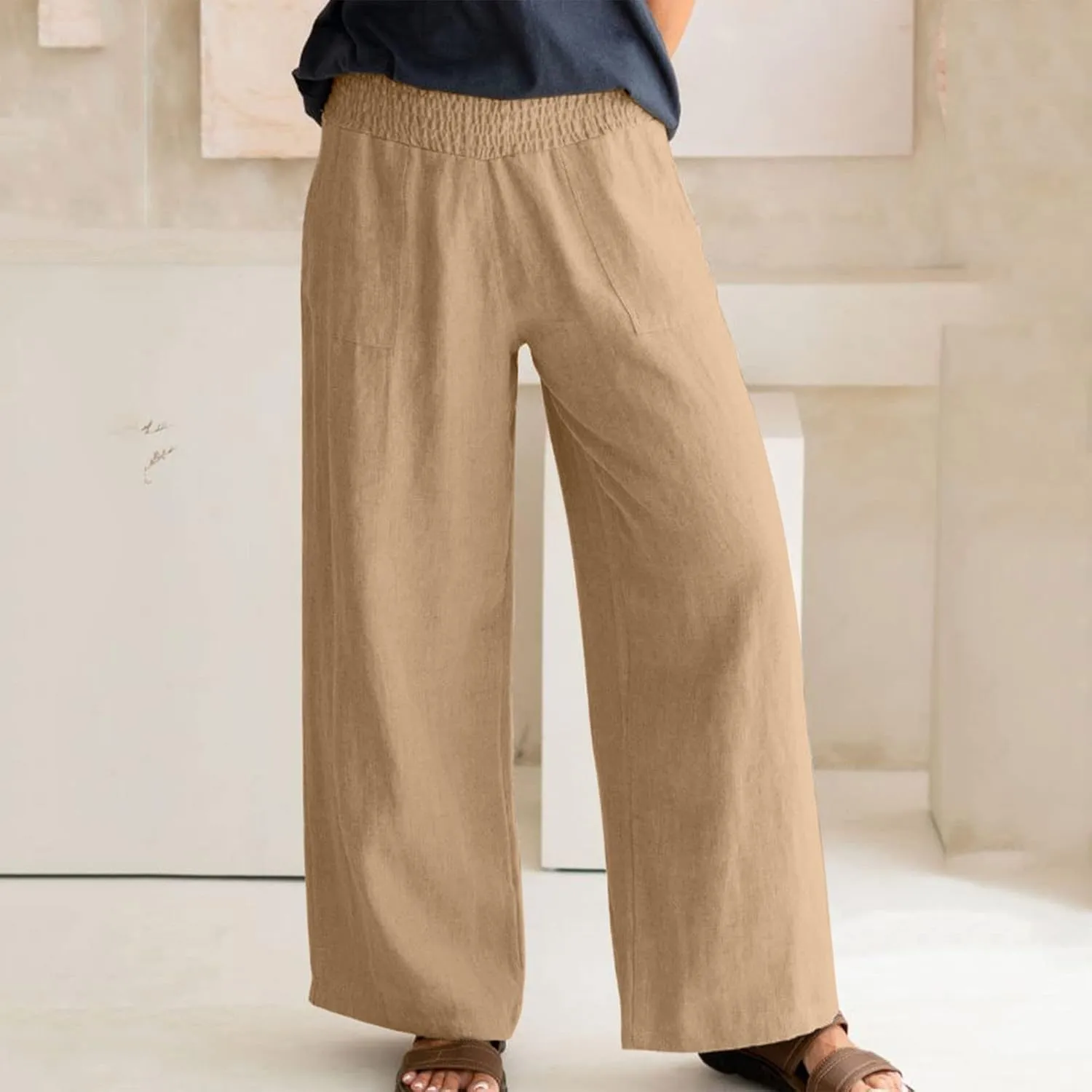 BTDECLAR Women‘s Linen Pants Elastic High Waist Trousers Lightweight Comfy Casual Loose Straight Leg Pants with Pockets