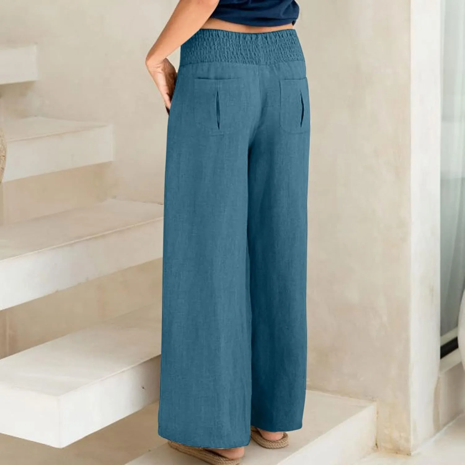 BTDECLAR Women‘s Linen Pants Elastic High Waist Trousers Lightweight Comfy Casual Loose Straight Leg Pants with Pockets