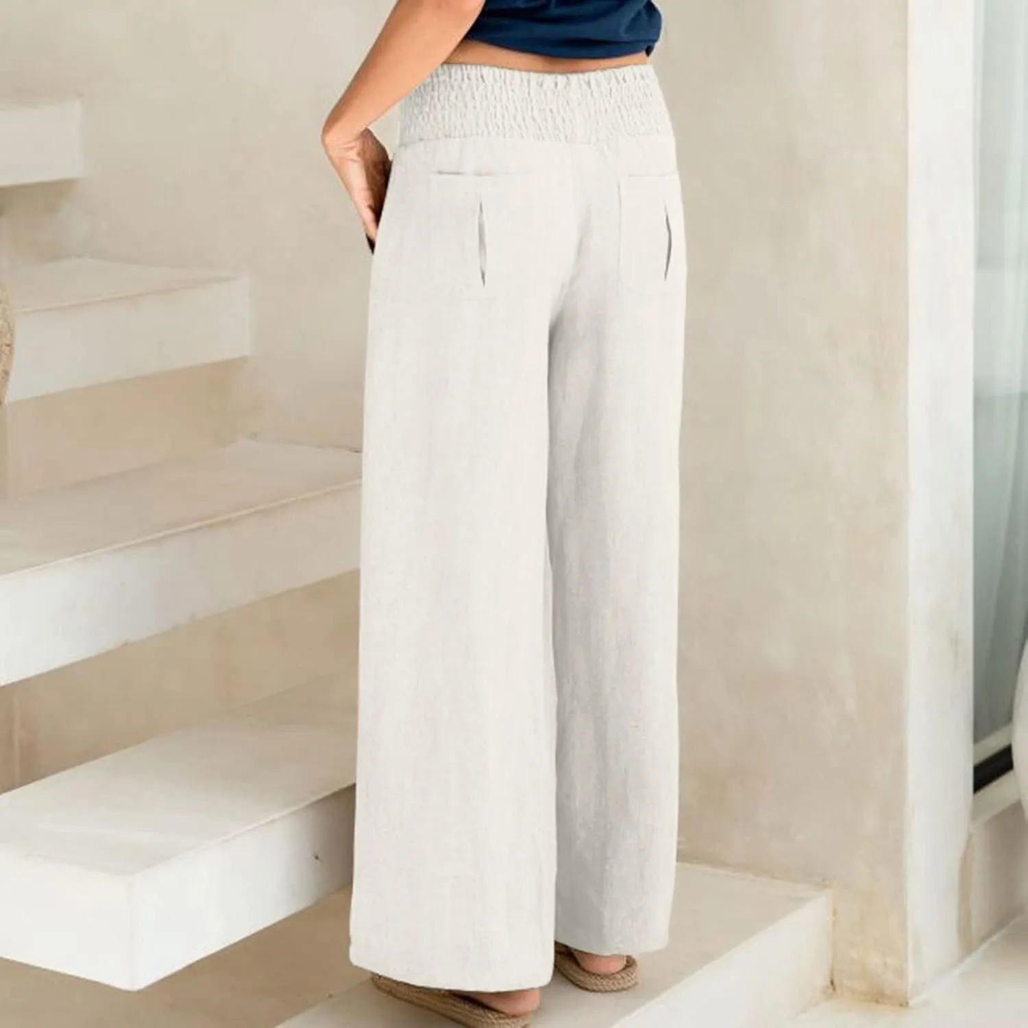 BTDECLAR Women‘s Linen Pants Elastic High Waist Trousers Lightweight Comfy Casual Loose Straight Leg Pants with Pockets
