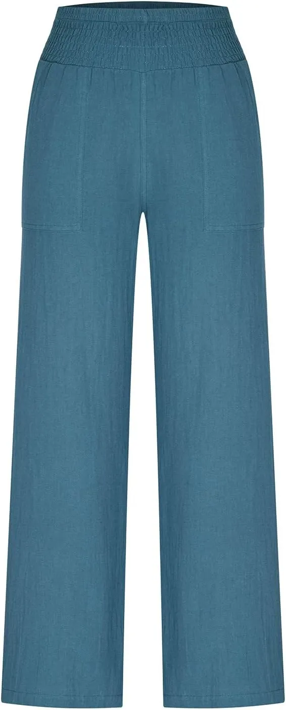 BTDECLAR Women‘s Linen Pants Elastic High Waist Trousers Lightweight Comfy Casual Loose Straight Leg Pants with Pockets