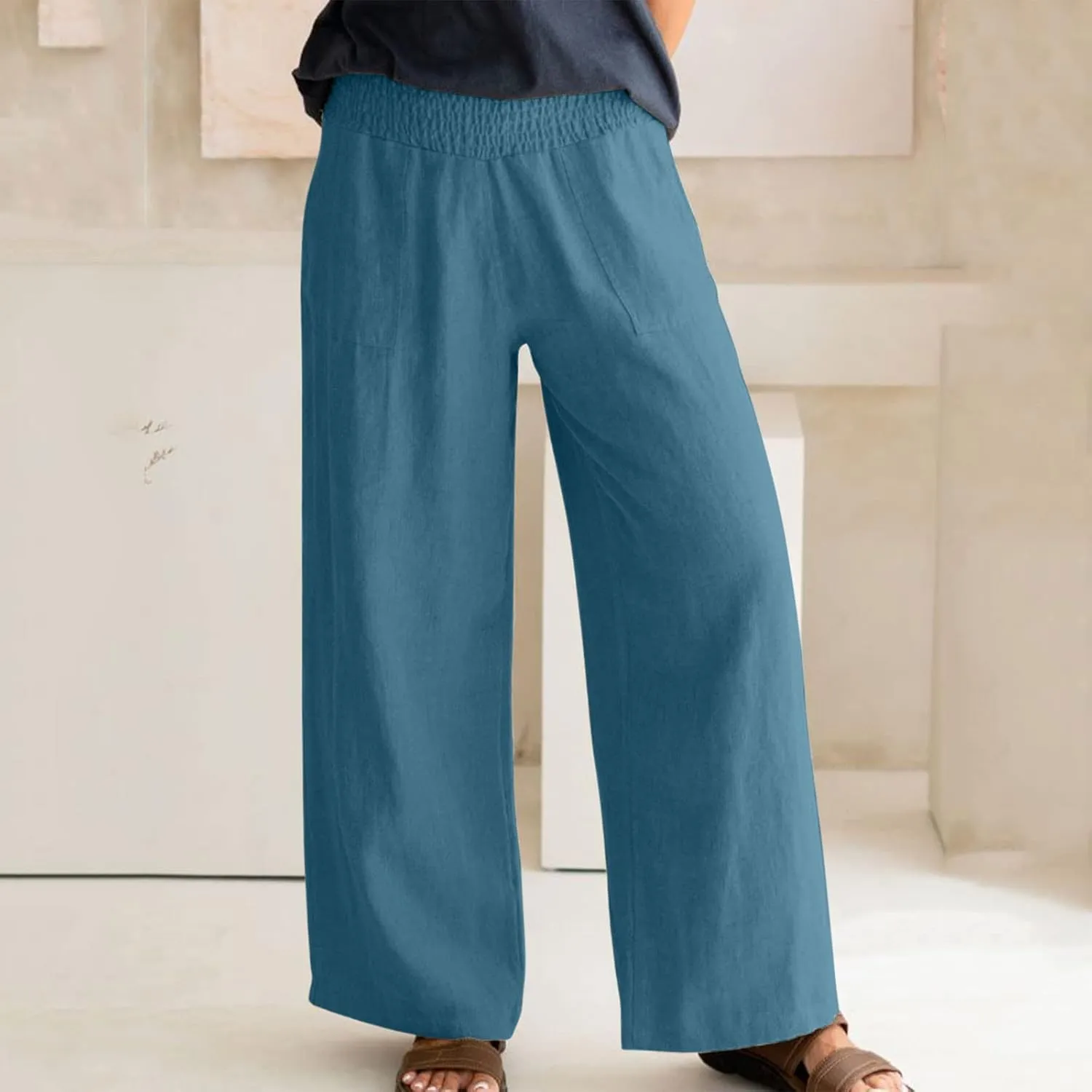 BTDECLAR Women‘s Linen Pants Elastic High Waist Trousers Lightweight Comfy Casual Loose Straight Leg Pants with Pockets