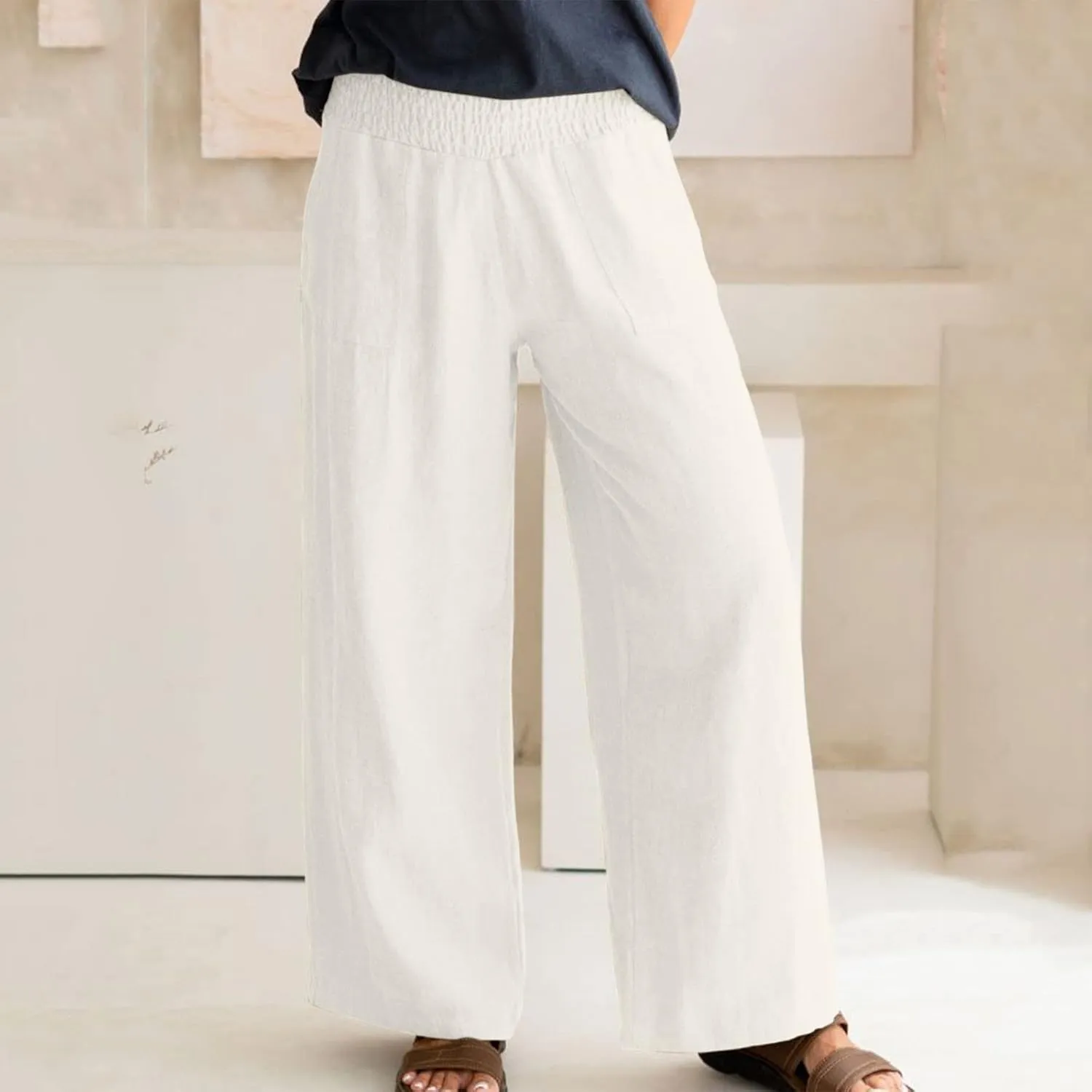 BTDECLAR Women‘s Linen Pants Elastic High Waist Trousers Lightweight Comfy Casual Loose Straight Leg Pants with Pockets