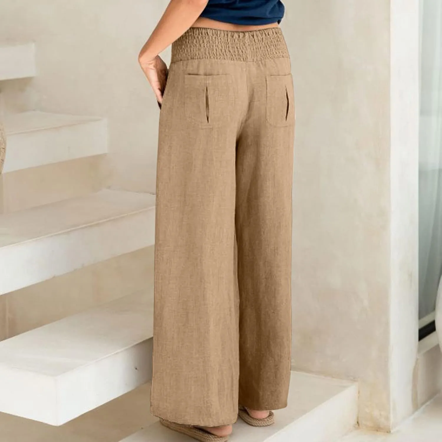 BTDECLAR Women‘s Linen Pants Elastic High Waist Trousers Lightweight Comfy Casual Loose Straight Leg Pants with Pockets