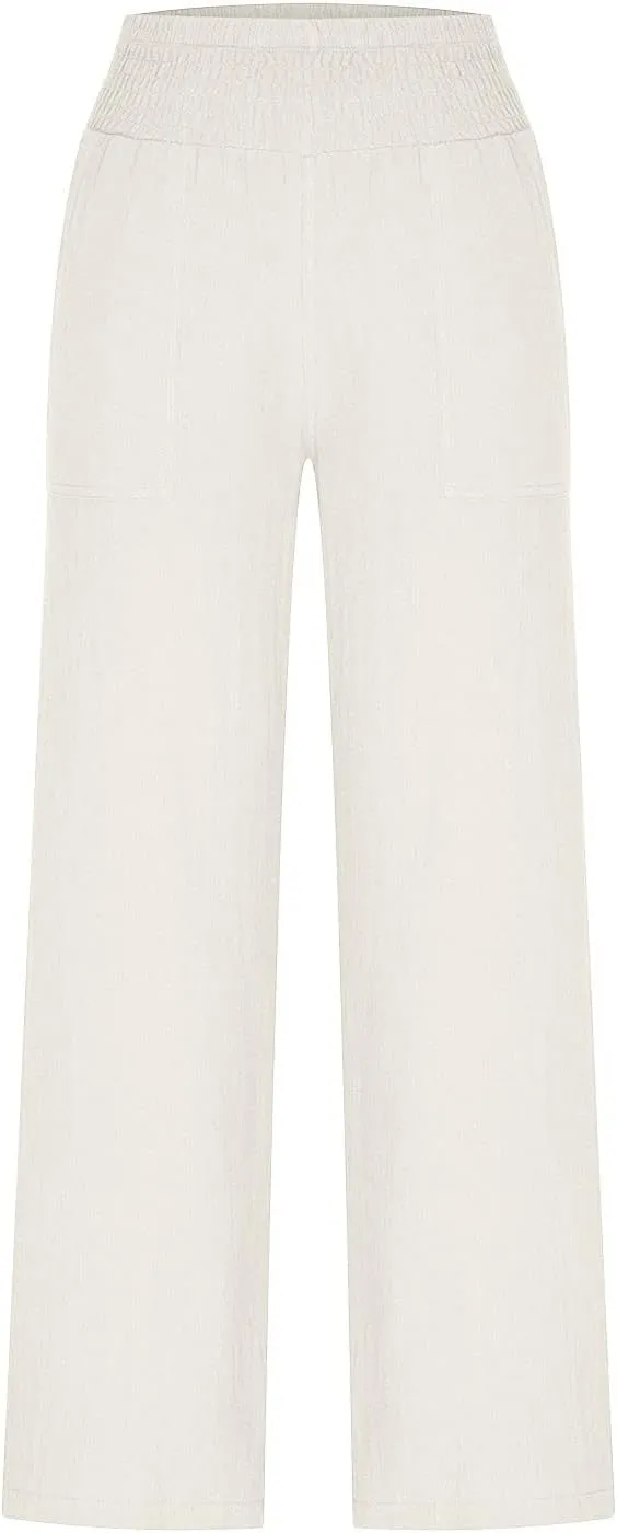 BTDECLAR Women‘s Linen Pants Elastic High Waist Trousers Lightweight Comfy Casual Loose Straight Leg Pants with Pockets