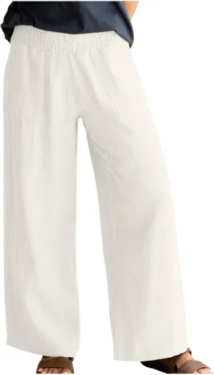 BTDECLAR Women‘s Linen Pants Elastic High Waist Trousers Lightweight Comfy Casual Loose Straight Leg Pants with Pockets