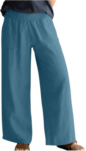 BTDECLAR Women‘s Linen Pants Elastic High Waist Trousers Lightweight Comfy Casual Loose Straight Leg Pants with Pockets