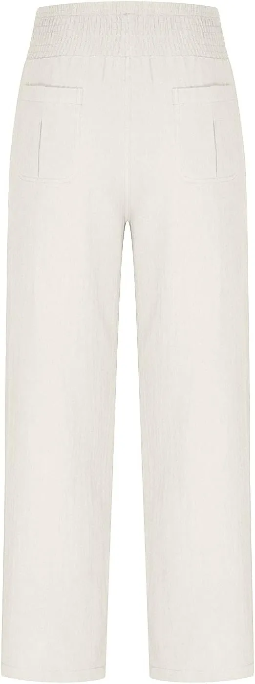 BTDECLAR Women‘s Linen Pants Elastic High Waist Trousers Lightweight Comfy Casual Loose Straight Leg Pants with Pockets