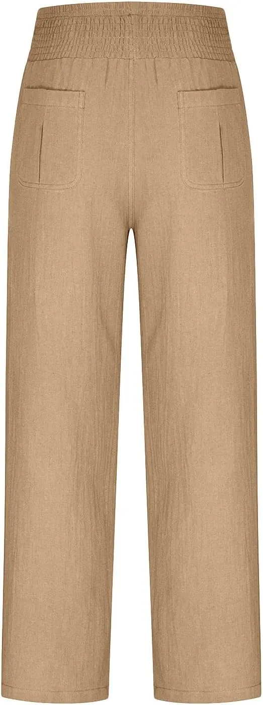 BTDECLAR Women‘s Linen Pants Elastic High Waist Trousers Lightweight Comfy Casual Loose Straight Leg Pants with Pockets