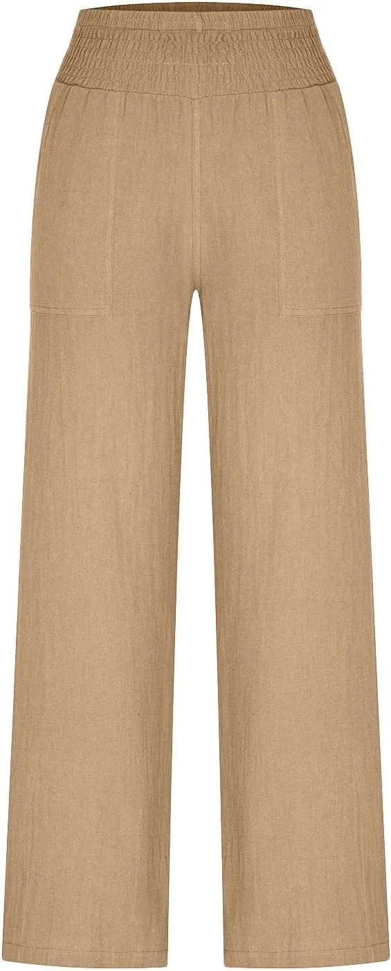 BTDECLAR Women‘s Linen Pants Elastic High Waist Trousers Lightweight Comfy Casual Loose Straight Leg Pants with Pockets