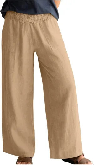BTDECLAR Women‘s Linen Pants Elastic High Waist Trousers Lightweight Comfy Casual Loose Straight Leg Pants with Pockets