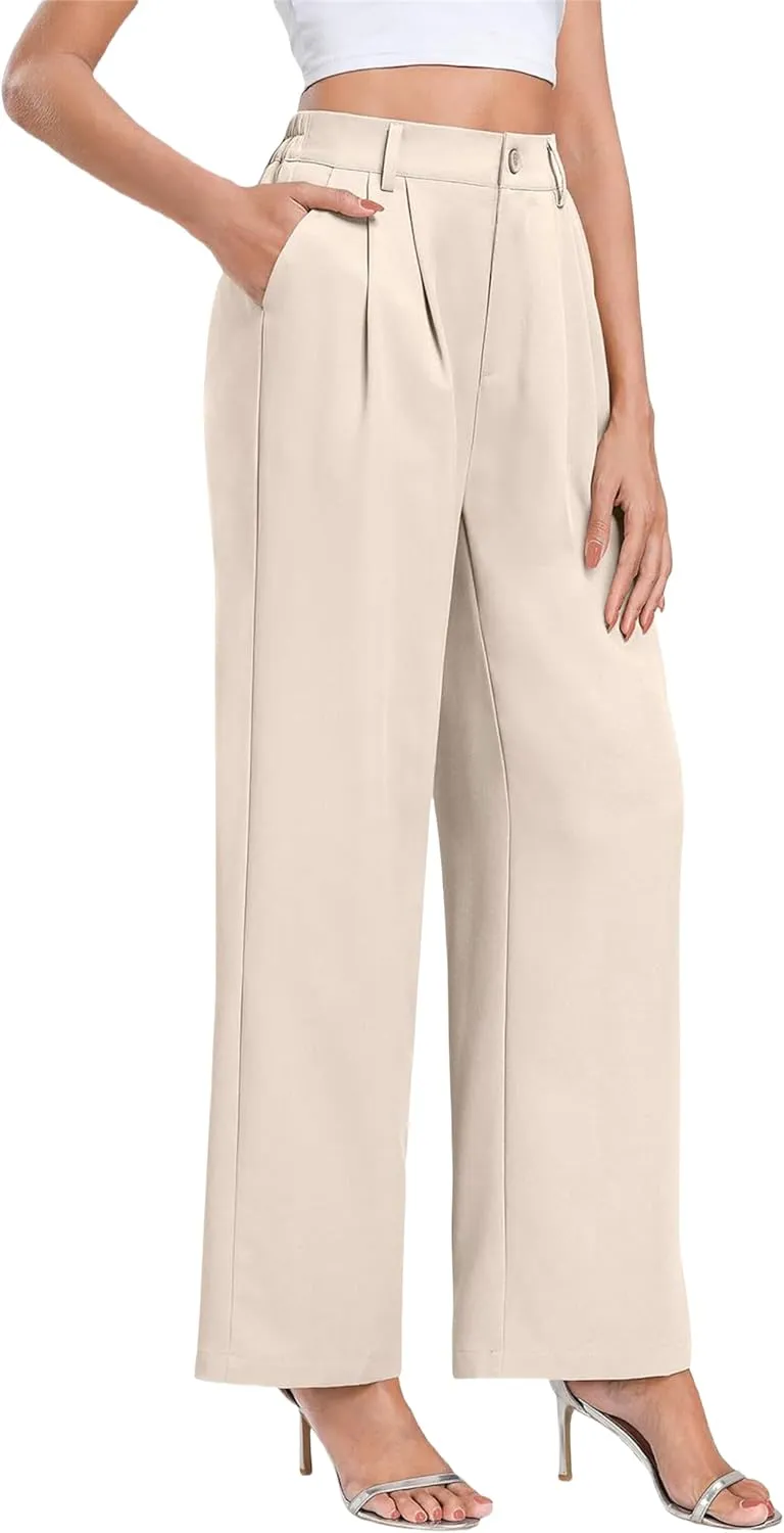 Business Casual Pants for Women Wide Leg High Waist Trousers Straight Leg Dress Pant Elastic Waist Palazzo Bottoms